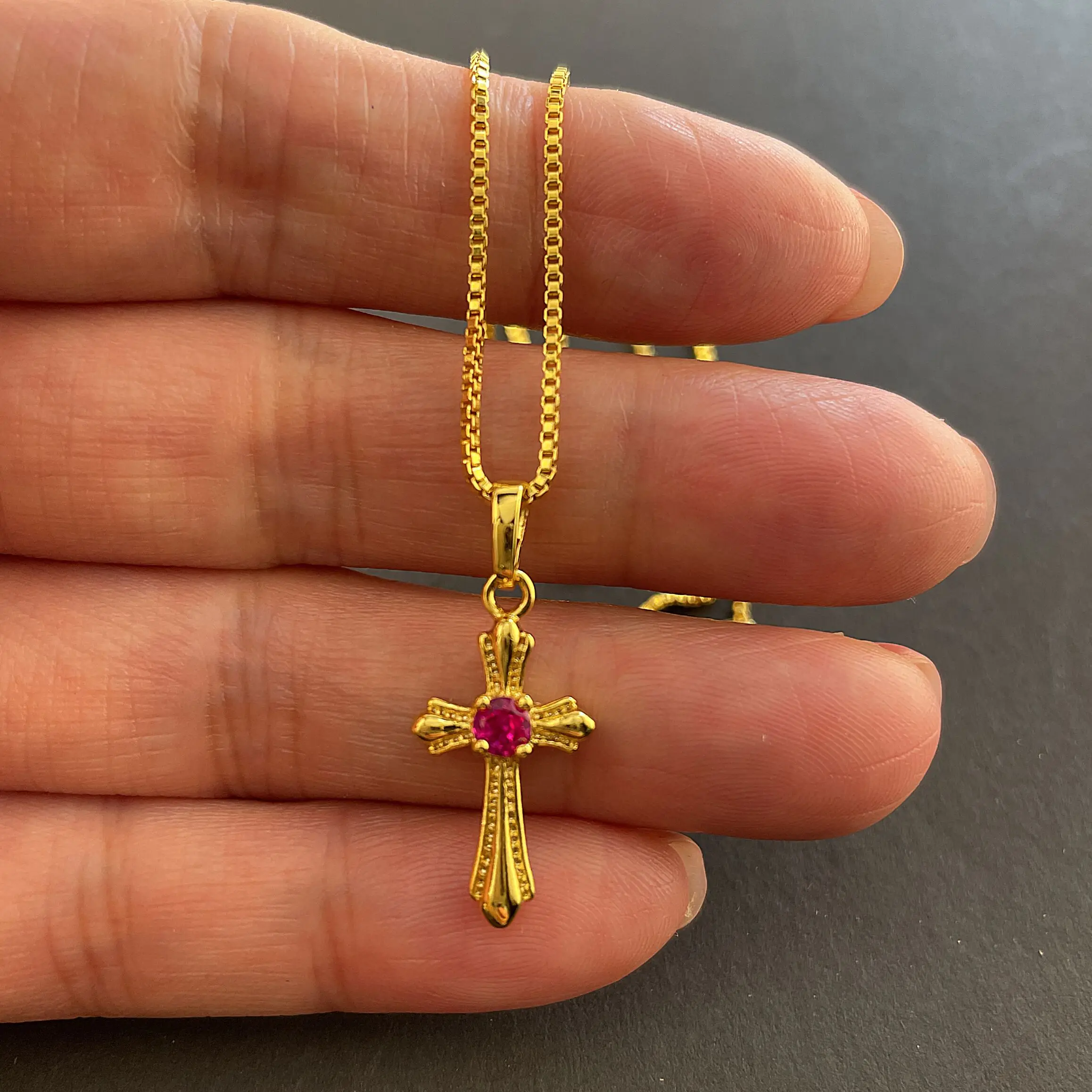 Korean Style  24K Gold Cross With Zircon Pendant 18 Inch Box Chain Necklaces Religious Fashion Jewelry