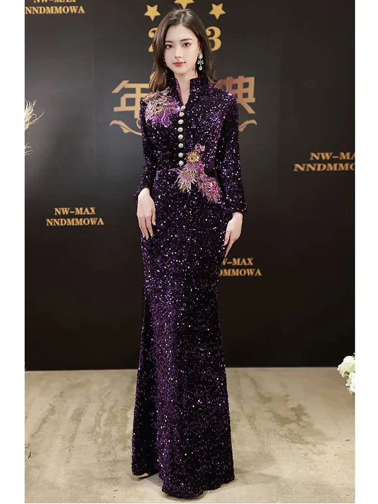 

Purple sequined banquet fish tail light luxury niche host high-end heavy industry dress