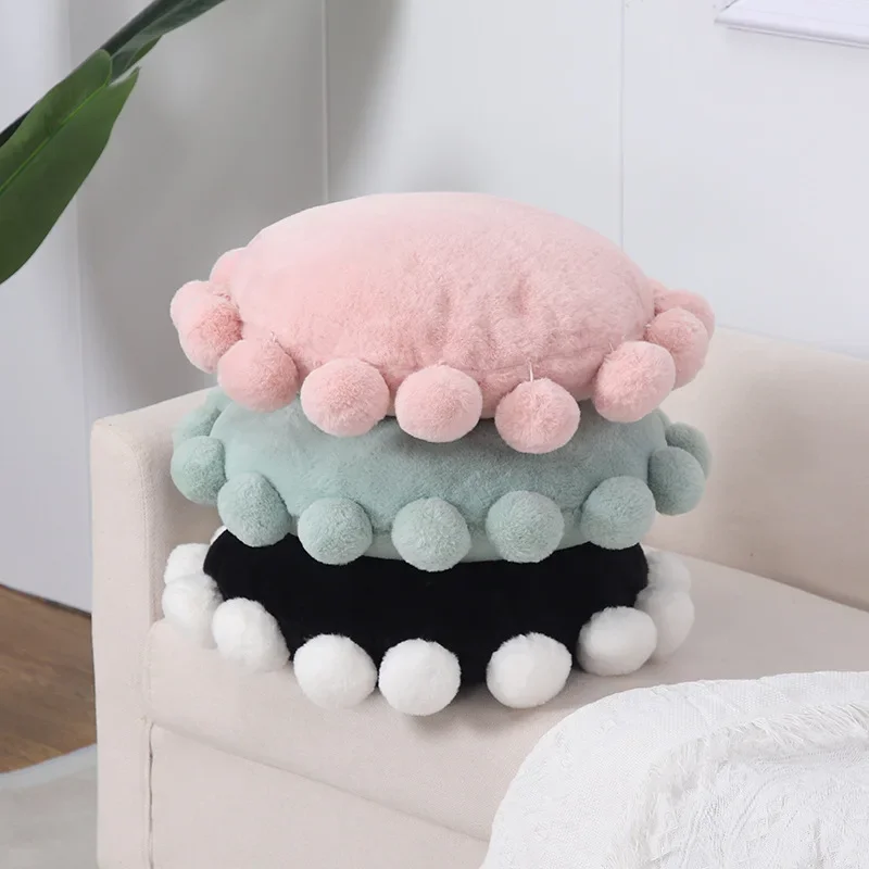 New Faux Rabbit Velvet Pillow with Hair Balls Solid Soft Circular Chair Cushion for Office All Season Universal Body Cushion Pad