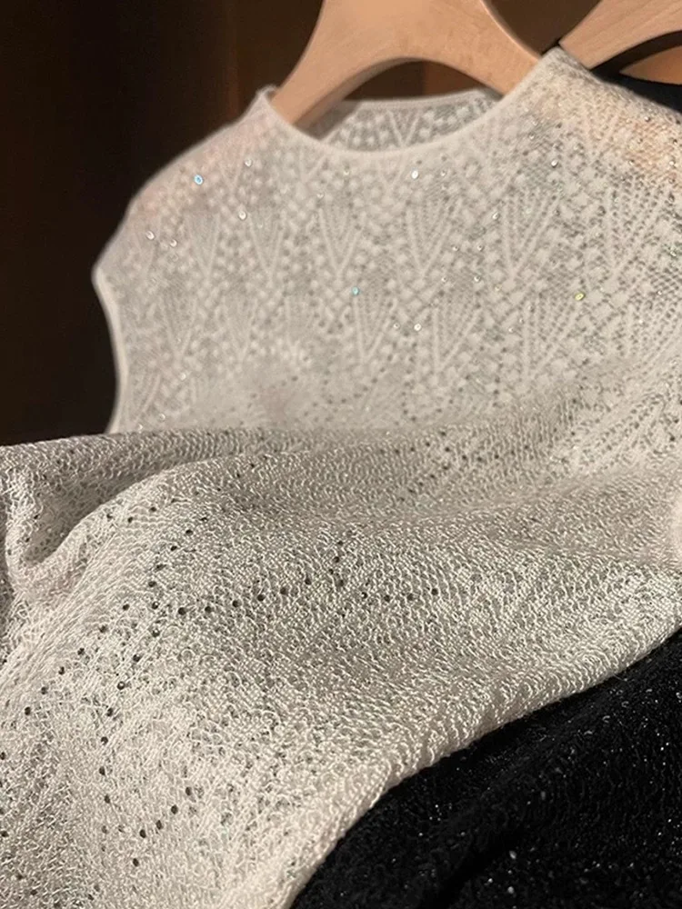 Lady Summer European Diamond-Embellished Crocheted Lace Hollow-Out Mesh Top, Organza Knitted Cardigan, Solid Wool O-Neck Tshirt