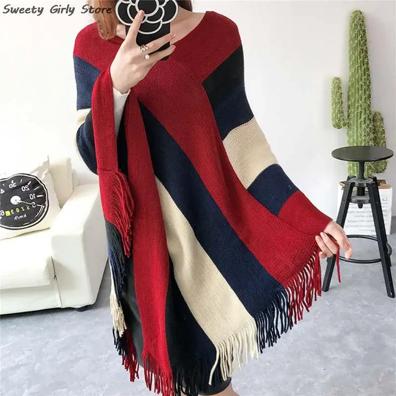 Women Patchwork Scarves Shawls Coat Striped Winter Knitted Cashmere Capes Shawl Cardigans Sweater Warm Knit Poncho Blanket 2023