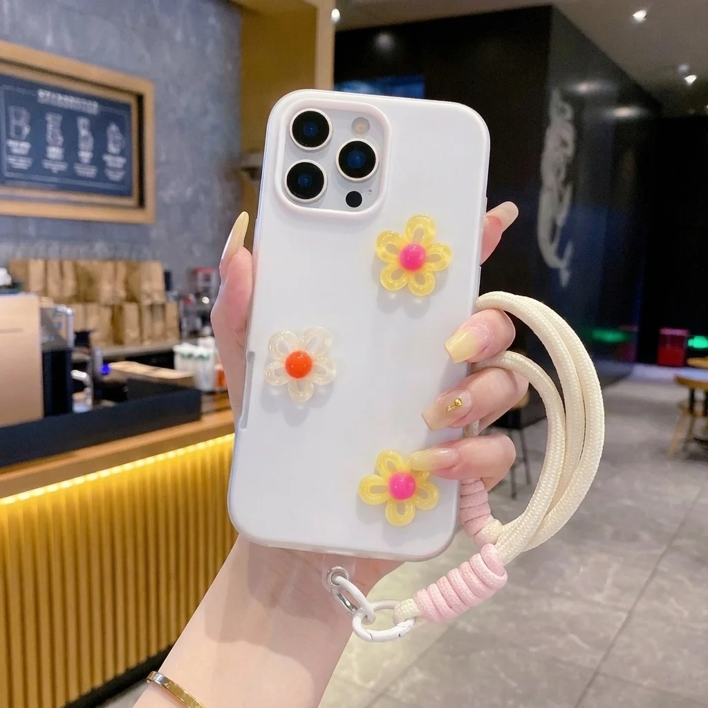 Candy Color With 3D Diy Flower Lanyard Case For iPhone 17 16 15 14 13 12 Pro Max 17 15 Pro 16 15 14 Plus XR Shockproof Cover view 2