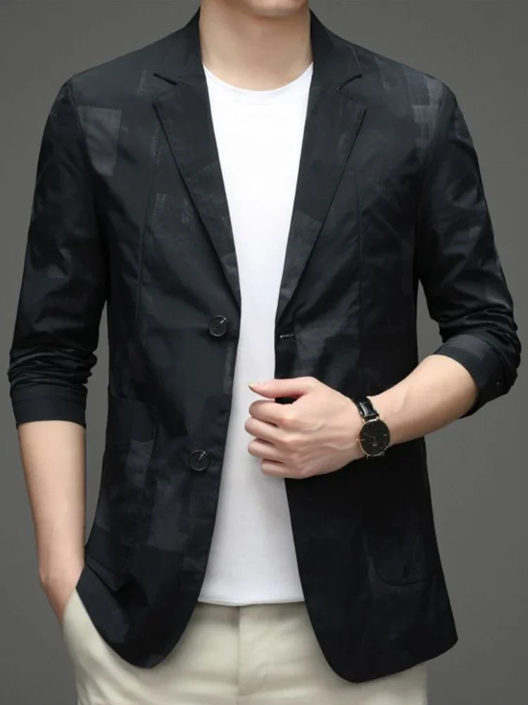 Black Jacket for Men Single Breasted Man Suits and Blazers Thin Slim Fit Coats Summer Luxury Designer Clothing Classic Simple