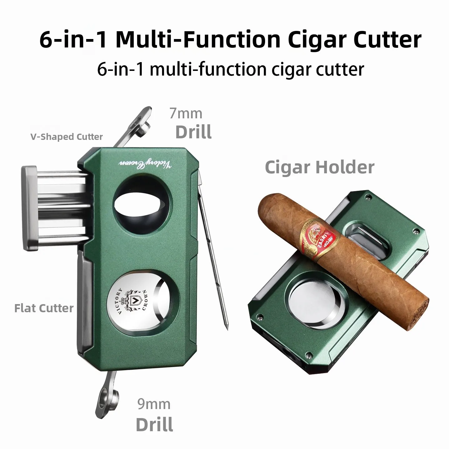 Pure Metal Six-In-One Cigar Cutter with V-Cut Flat Cutter Hole Opener Needle And Cigar Rest Multi-Functional Cigar Knife