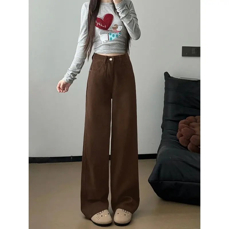 

Spring Autumn Brown Wide Leg Denim Jeans Women Loose Slimming Pear Body Shape Drapey Floor-Length Straight Pants