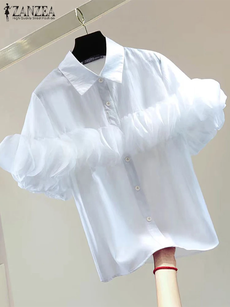 ZANZEA Women Summer Shirt Chic Puff Short Sleeve Ruffle Blouse Elegant Party Tunic 2024 Fashion Ruffle Blusas Casual Loose Tops