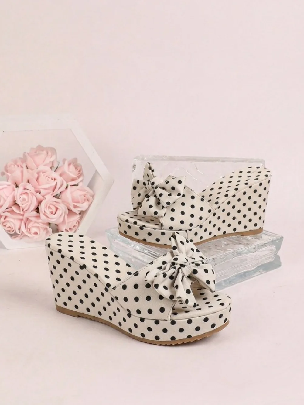 Übergröße 43 Damen Polka Dot Keilabsatz-Sandalen mit Schleifendekor Knöchelriemen Plateau-Schuhe Sommer Strand Fußbekleidung – Detail 15
