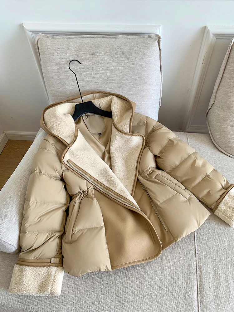 Schinteon Women Lambswool White Duck Down Jacket with Hood Autumn Winter Warm Outwear Casual Patchwork Coat European Style