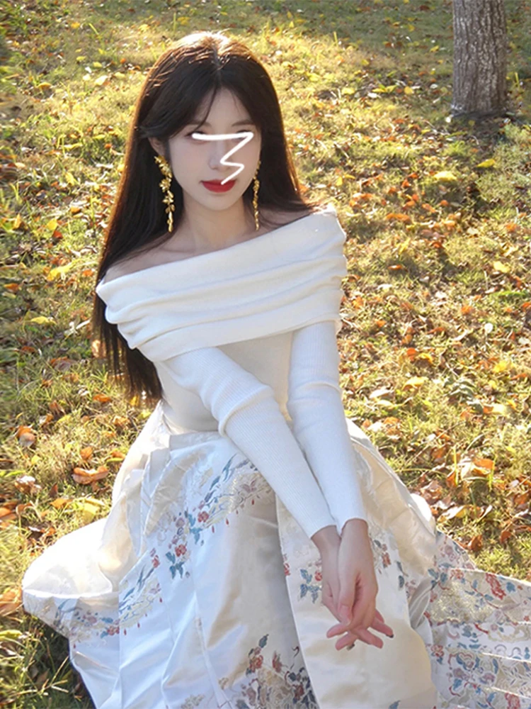 

White One-oulder Knitted Sweater Women's Slim Fit Design Base Layer irt Sweet Sle Bal Long Sve Polyester Blend