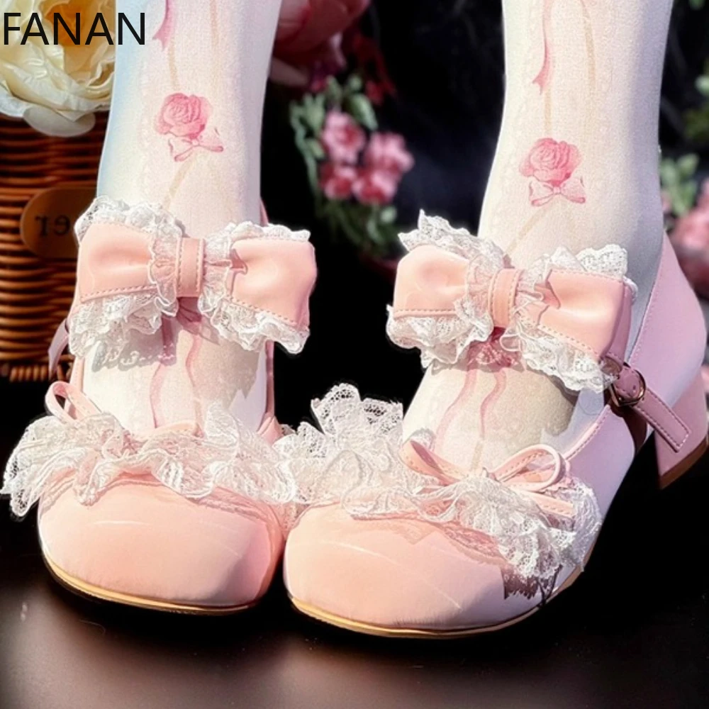 

Lolita Low Heel Shoes for Women's Lace Kawaii Chunky Heel Platform Flat Shoes Pink Princess Japanese Pumps Original