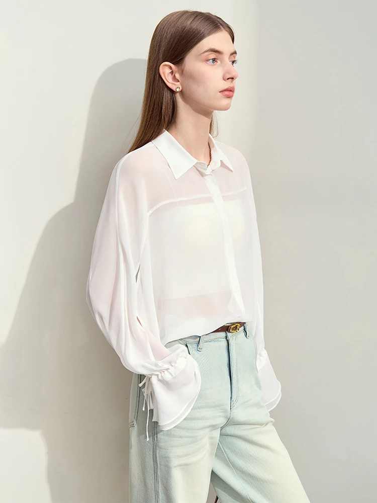 Amii Minimalism Chiffon Shirt For Women 2024 Summer New Commuter Lapel Hollow Ruffled Cuffs Micro Perspective Thin Tops 12442224