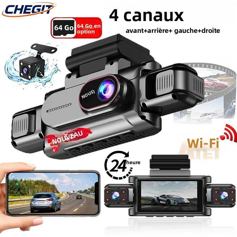 Caméra de tableau de bord WiFi 1080P 360 °   Caméra d'enregistrement de voiture avec objectif 3/4, DVR de voiture, caméra de recul avant gauche droite pour la sécurité du véhicule