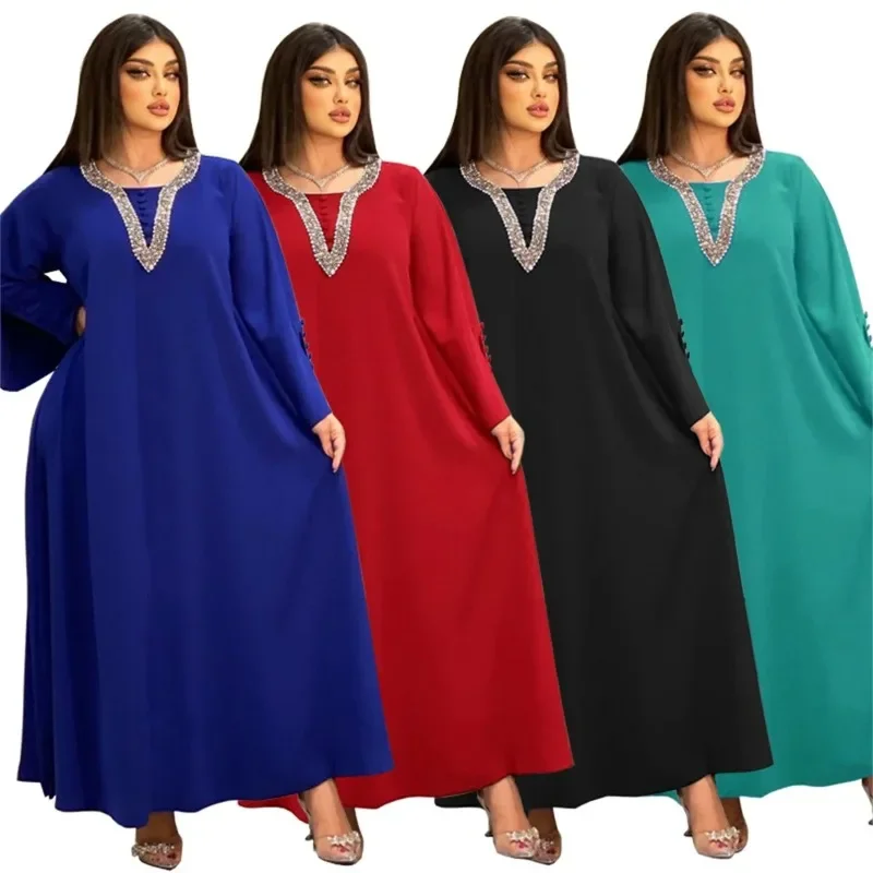 Elegant Dresses For Women Fashion Diamonds Button Decoration Long Sleeve Party Prom Dress Ramadan Muslim Women Clothing