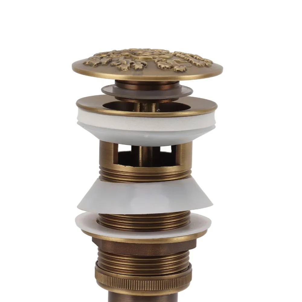 Push Bounce Drain Stopper Antique Brass Finish Brass Material Sink Drain Stopper Flower Carved Decorative Design