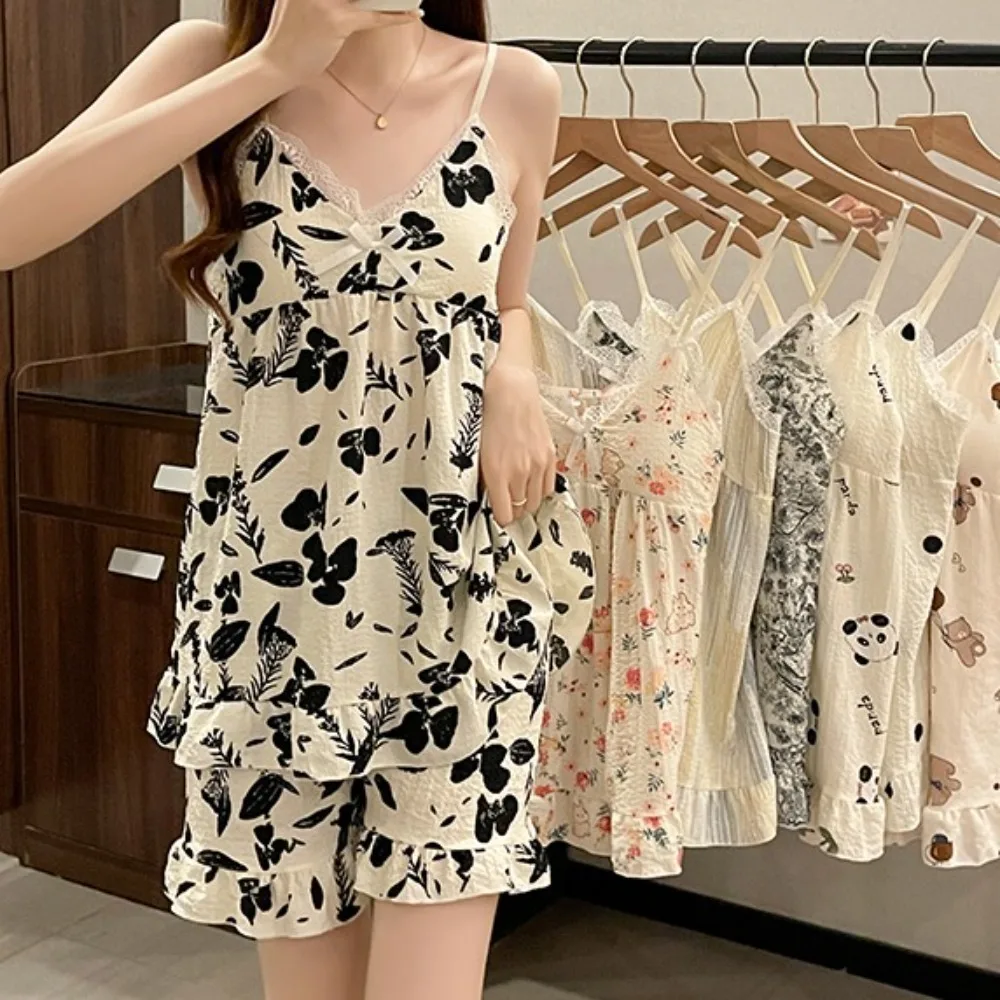 

Homewear Flower Bear Suspender Shorts Suit Ruffle Sleeveless Two Piece Sleepwear Loose with Padded Lace Nightwear Sets Girl