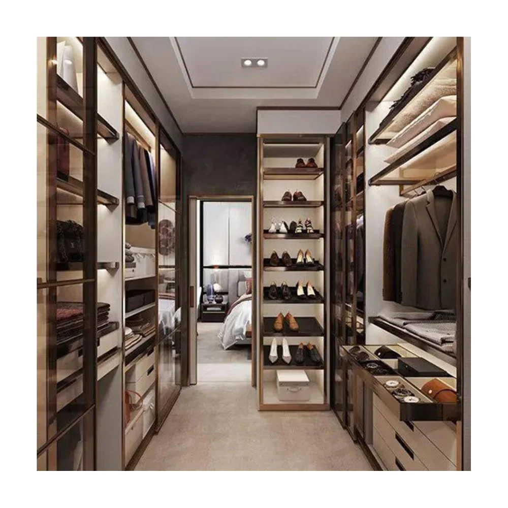 Customized Wardrobe With Aluminum Frame Modern Luxury Glass Door Closet Bedroom Walk In Wardrobe Cabinet Closet