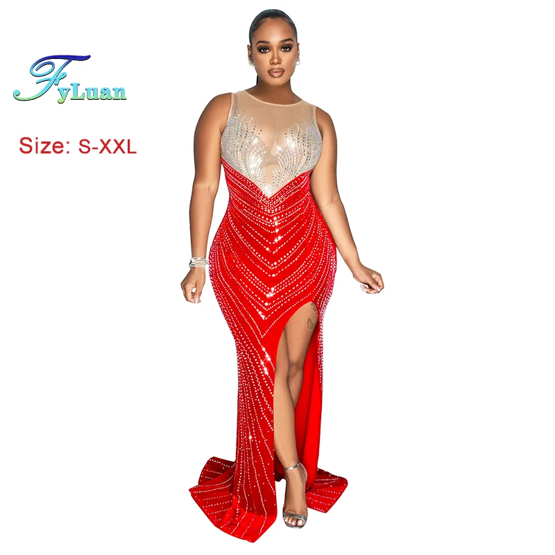 Sheer ตาข่ายผู้หญิงสีบล็อกห่อด้านหน้าไม่สมมาตรชุด Rhinestones ร้อนแขนกุด O คอหญิง Vestidos ความยาวชุด