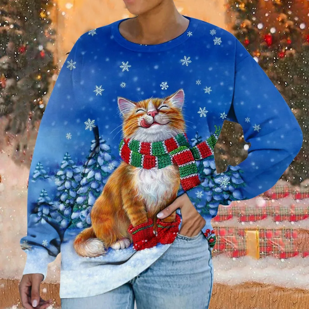 크리스마스 풀오버 가을 여성 의류 편안한 패션 3D 프린트 오 넥 느슨한 긴 소매 여성용 스웨트 크리스마스