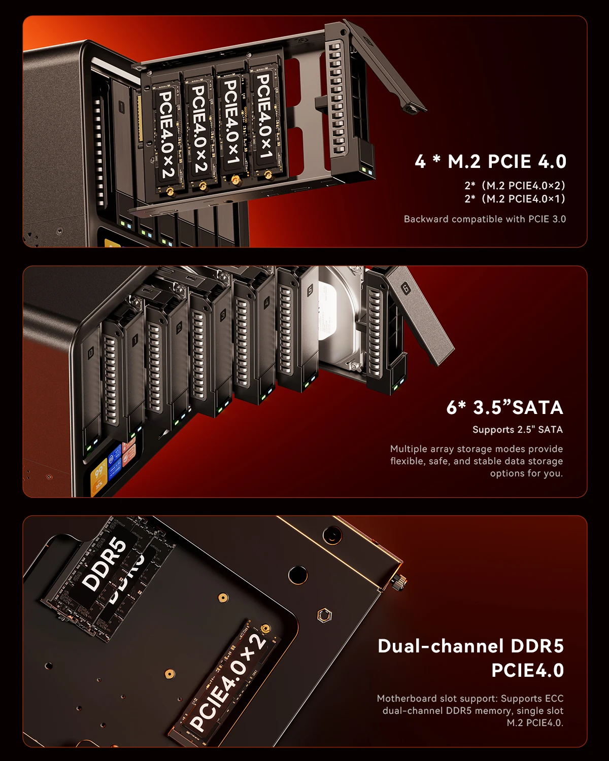 AOOSTAR WTR MAX Mini PC Intel i5-1235U Barebone NAS Server 11-Drive Bays 6 SATA+5 M.2 Dual 2.5G+10G SFP+ OCuLink eGPU Dock USB4 DDR5 Mini Computer - view 8