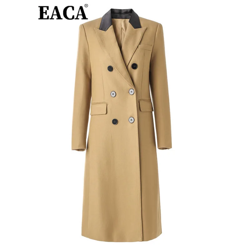 

EACA 2025 Autumn And Winter Classic Double Breasted Wool Twill Fabric Contrasting Long Coat With Bead Edge Temperament Long Coat