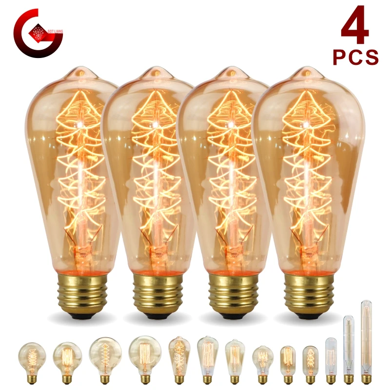 

4pcs Retro Edison Bulb E27 220V 40W Light Bulb A60 ST64 T10 T45 T185 G80 G95 Filament Vintage Ampoule Incandescent Spiral Lamp