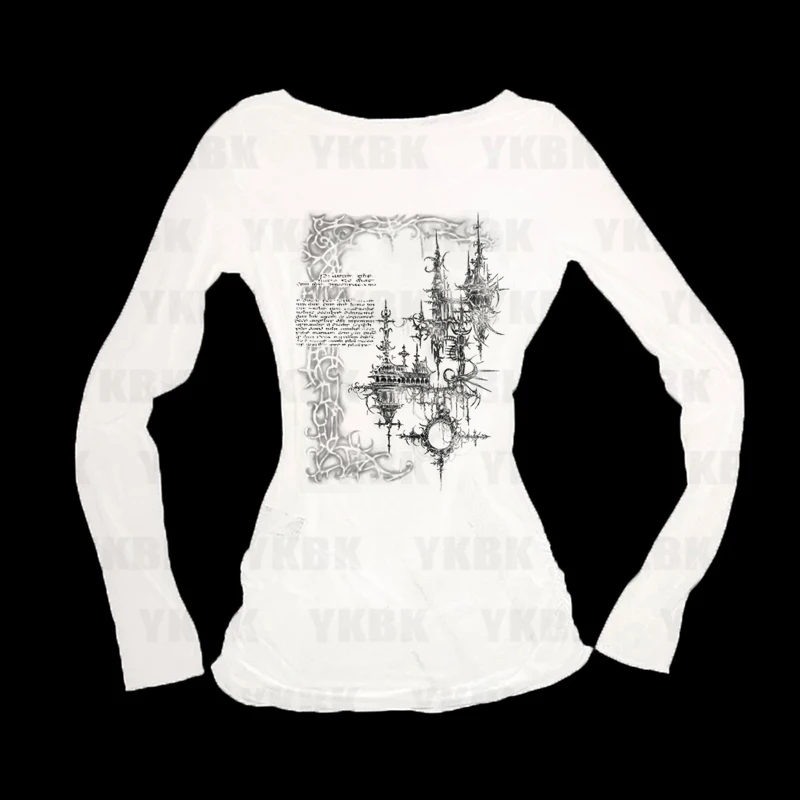 Harajuku الشارع الشهير النساء فتاة الشرير فضفاضة طويلة الأكمام س الرقبة لطيف تيز موضة عادية أنيمي طباعة Y2k تي شيرت الجمالية خمر #2