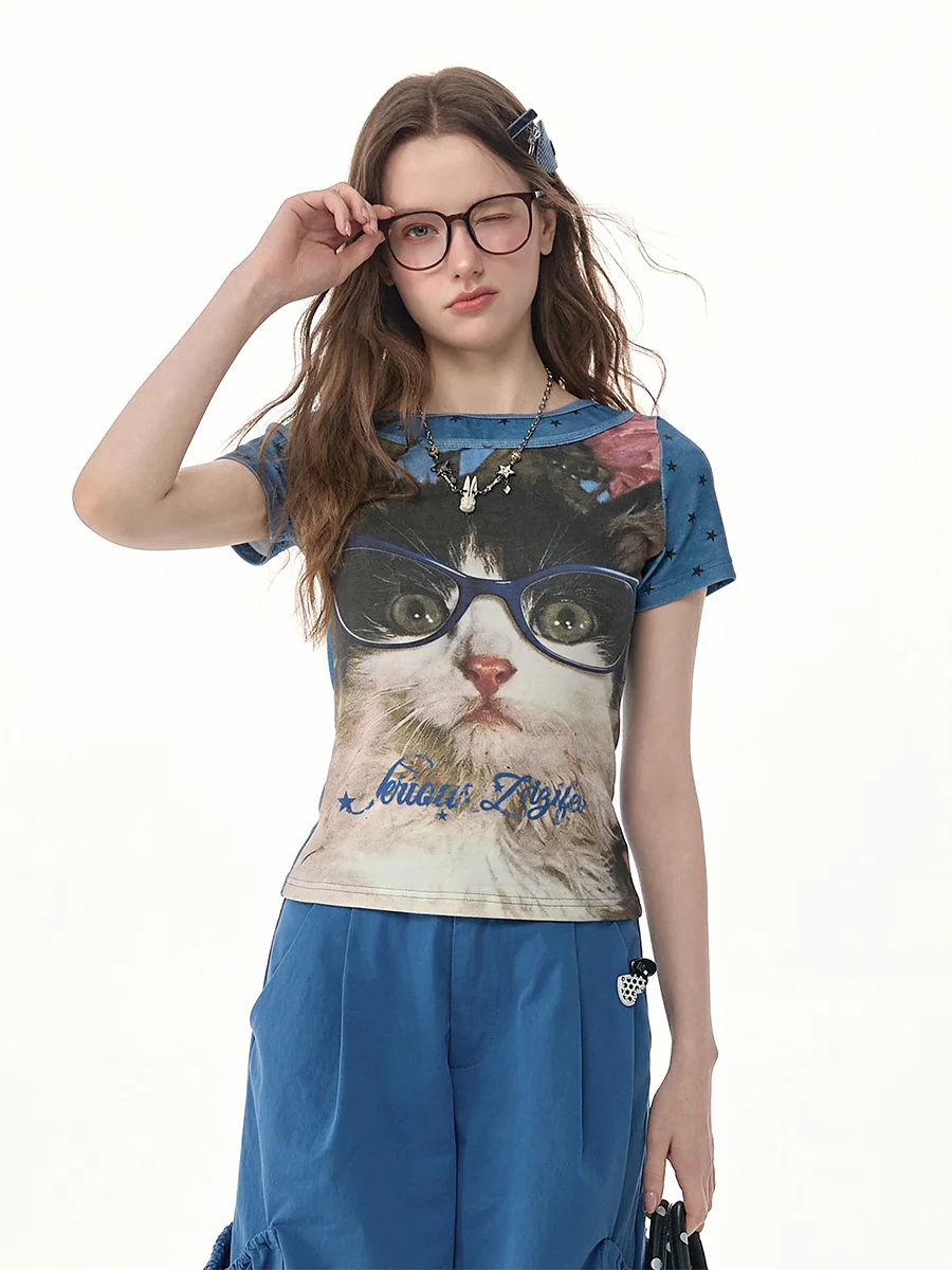 ZiziFei Slim Fit round Neck Short Sleeve T-Shirt Women's Fun Print Anti-Aging Blue Vintage Style Cotton Blend Elastic Fiber