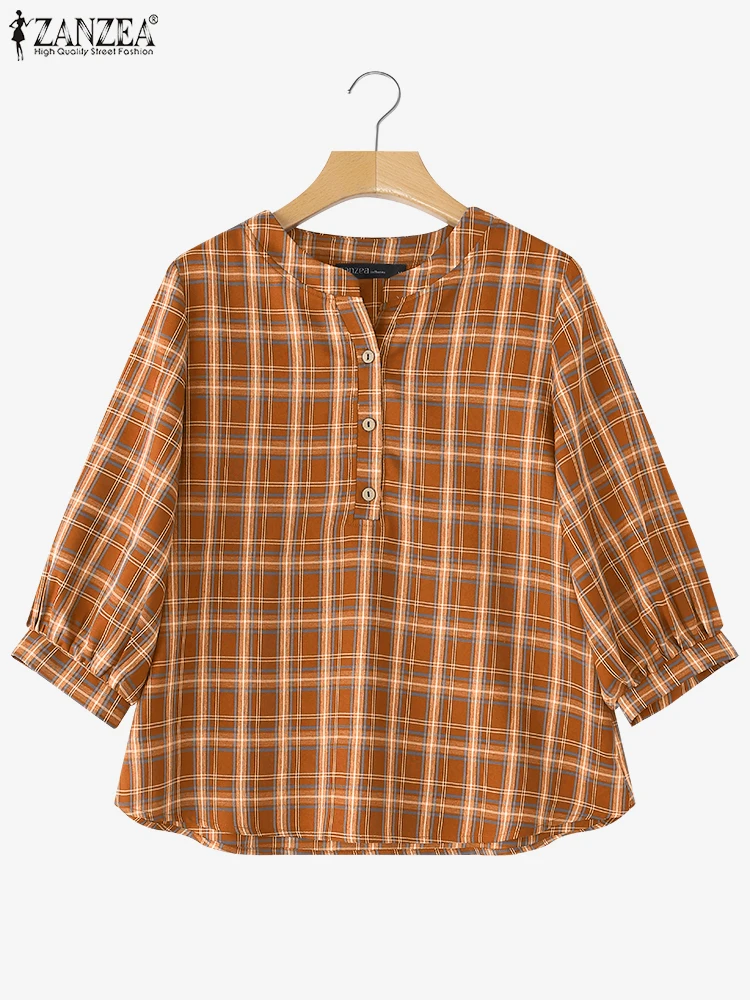 

ZANZEA Fashion Plaid Blouse Women 3/4 Llantern Sleeve Casual Loose Blusas 2025 O Neck Tunic Summer Tops Buttons Pullovers