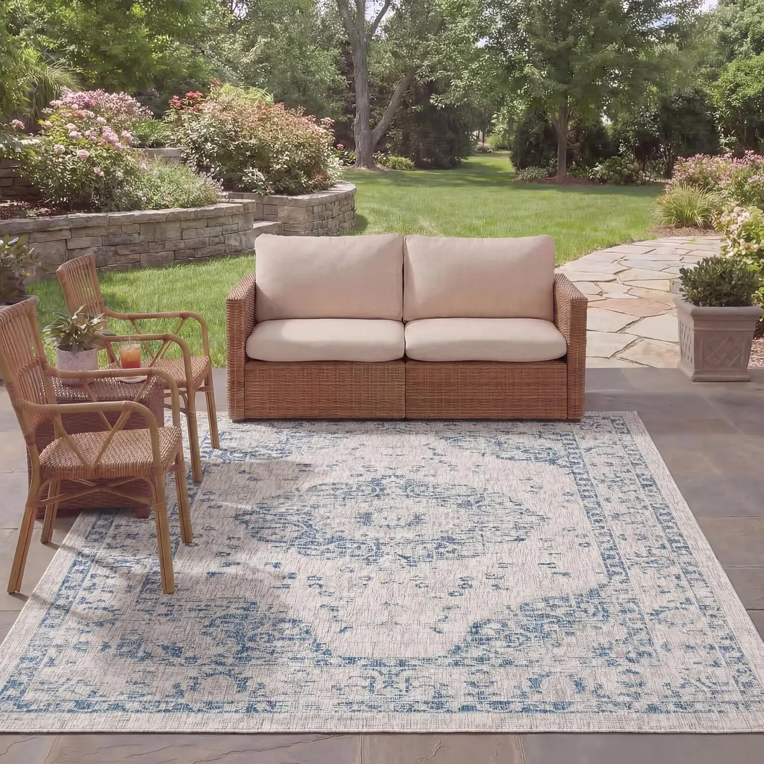 Washable Rug Outdoor Courtyard Collection - 8' x 11', Grey & Navy, Non-Shedding & Easy Cleaning, Ideal for Patio, Backyard, Mudr