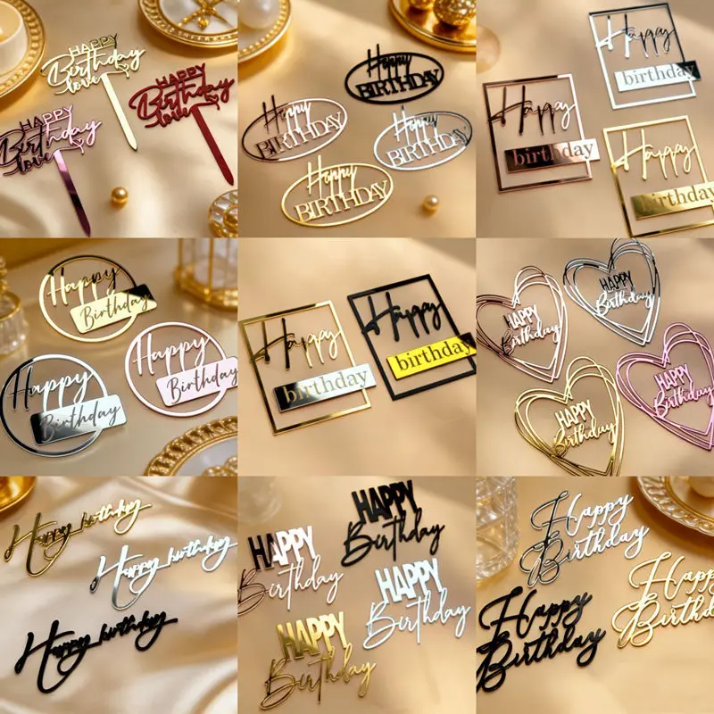 INS Side Happy Birthday Cake Toppers Decoration Gold Acrylic Kids Birthday Party Cake Topper for Baby Shower Gift Baking Supplie