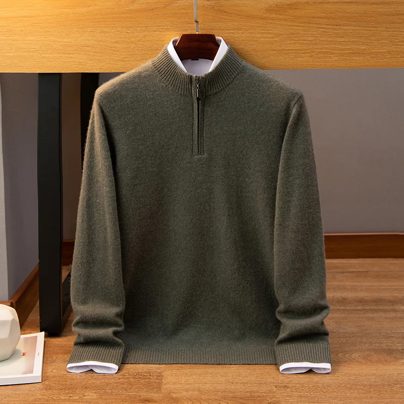 Zipper autumn and winter new 100% cashmere men's half turtleneck loose sweater slim warm knit solid color long sleeve top