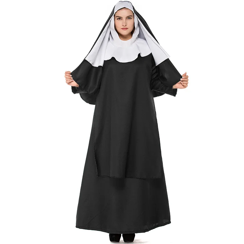 

Virgin Mary Nuns Costumes Adult Traditional Medieval Religious Outfit Black Cosplay Dress Halloween Priestess Long Nun Costume