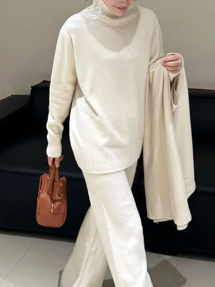 [EWQ] Temperament Thick Warm High Quality Knitted Pullover Sweater Wide Leg Pants Set For Women 2024 Autumn Winter New 16U6387