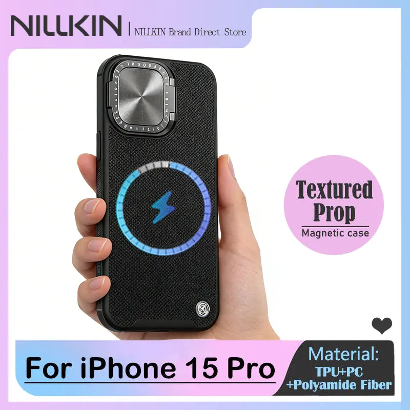 

NILLKIN-Magnetic Case for iPhone, Plain, Foldable Stand, Nylon Fiber, Phone Case for iPhone 15 Pro, Magsafe Case With holder