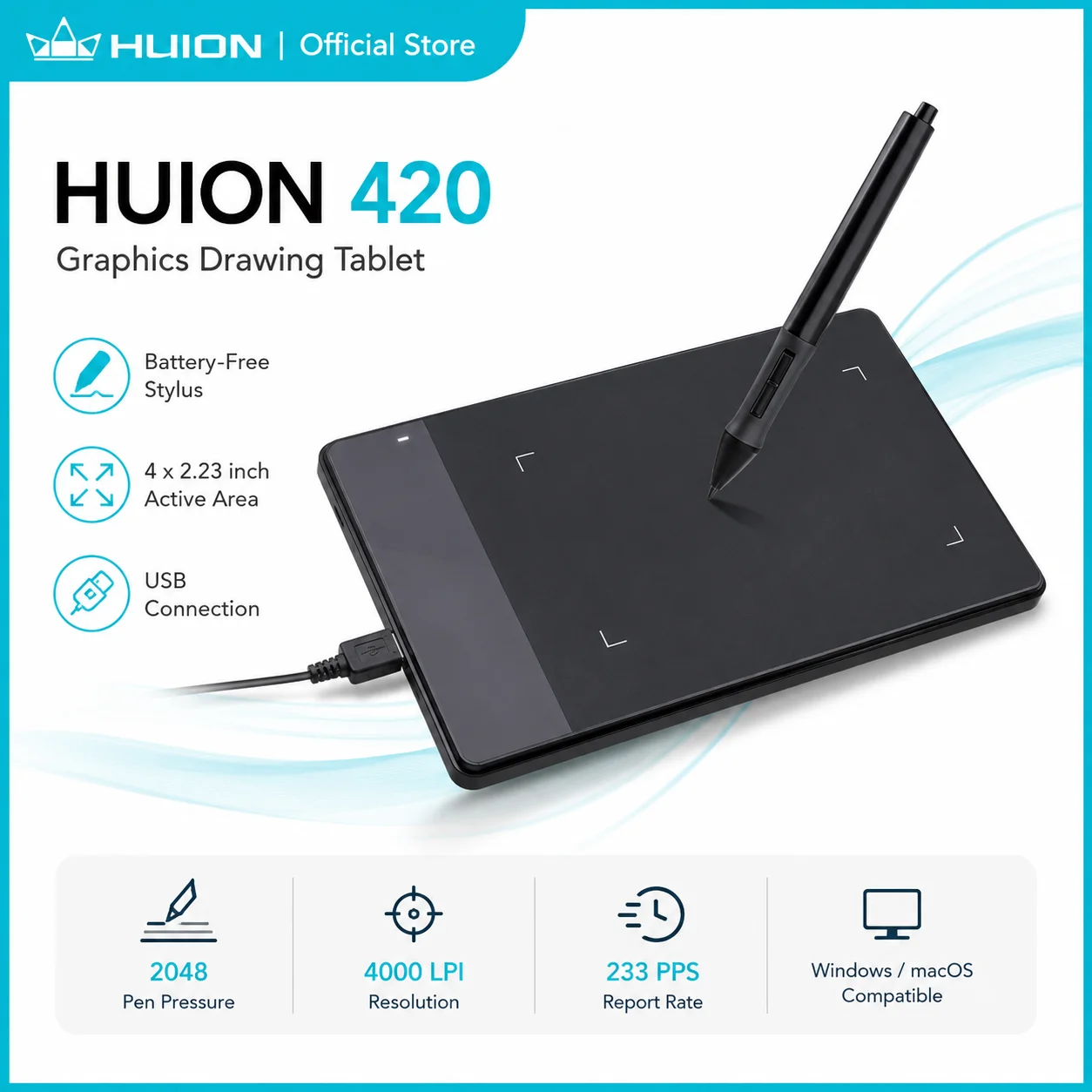 HUION Graphics Drawing Tablet 4-Inch Digital Pen Tablet with Battery-Free Stylus, USB Signature Pad for OSU Game, Online Tea