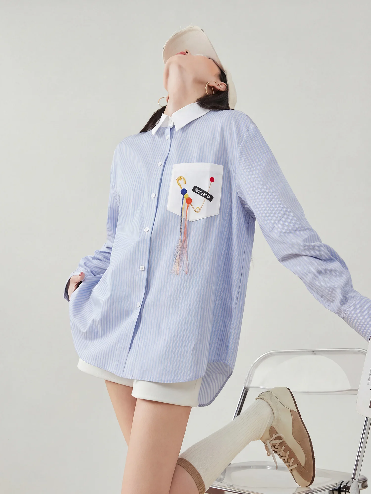 

Blue Loose Fit Striped irt Women's Spring 2026 Design Sense Layering Versatile irt Jaet Turn-down Collar Commute Sle