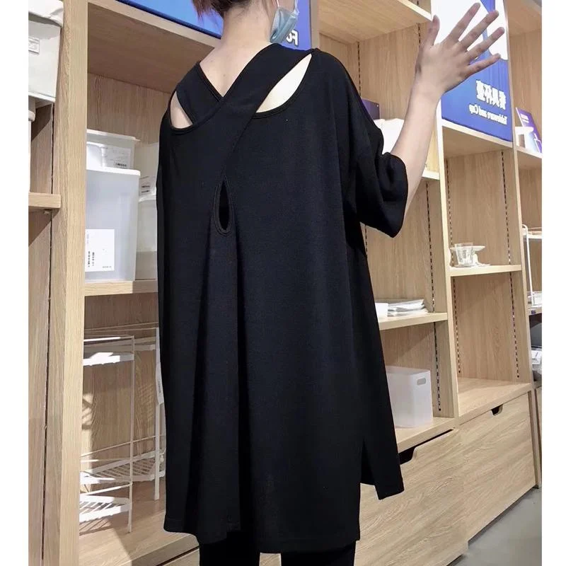 Sexy Backless Short Sleeve T-Shirt Women's Mid-Length Open Split Summer Fashion plus Size Comfortable Polyester round Neck Top