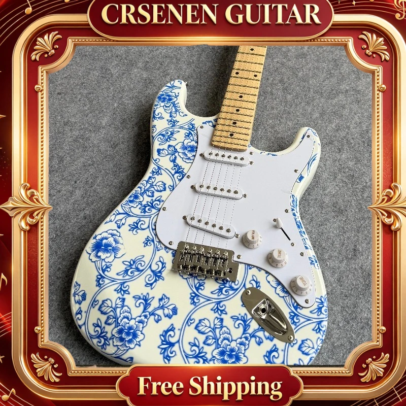 ST Electric Guitar Blue White Porcelain Floral Print SSS Single Coil Pickups Single Tremolo Bridge Rock Stage PracticeInstrument