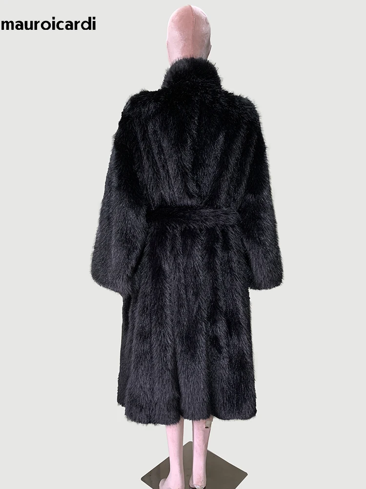 Mauroicardi Winter Long Oversized Black Thick Warm Soft Shaggy Fluffy Faux Fox Fur Coat Women Sashes Loose Casual Furry Overcoat