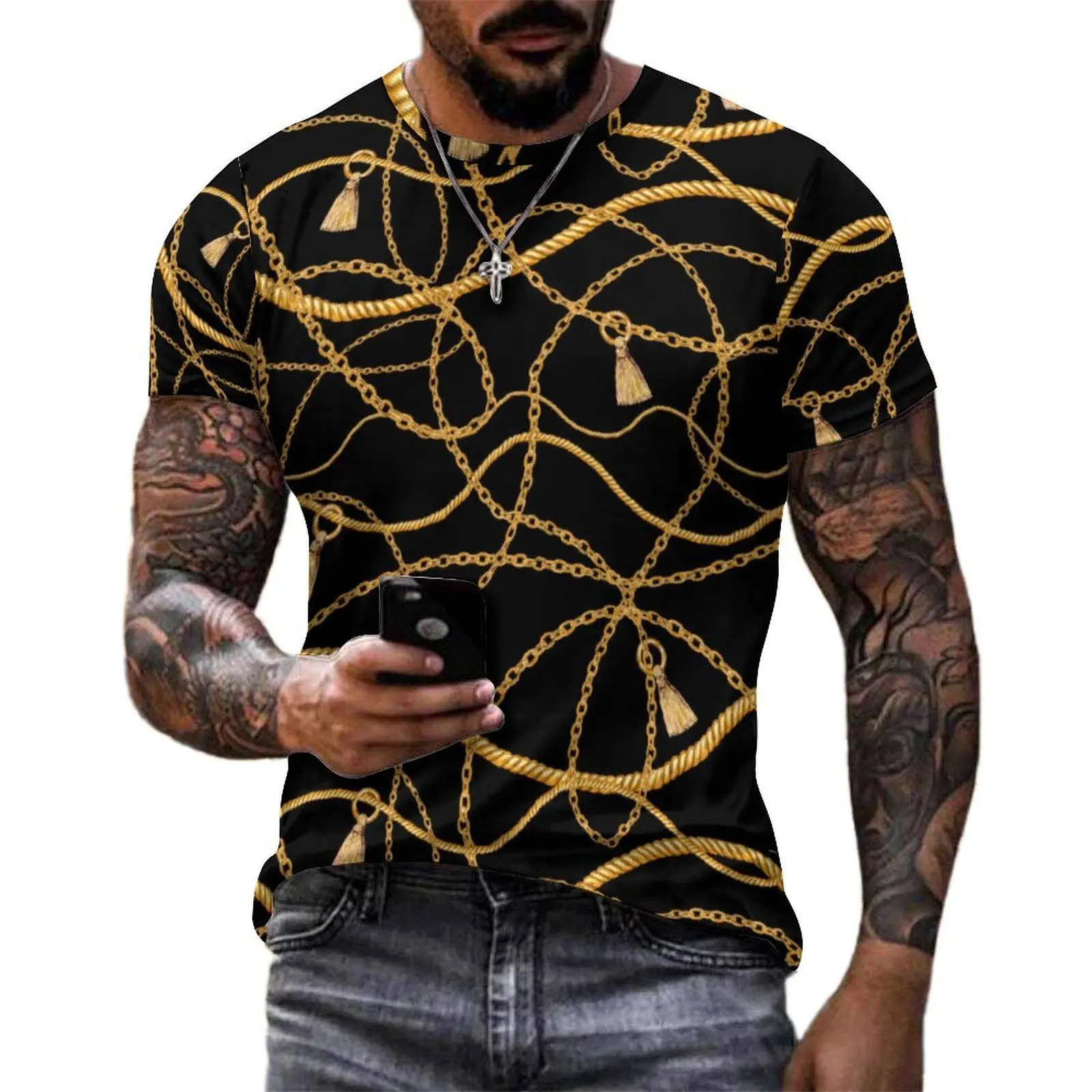 Men Gold Chain T Shirt Links Print Vintage T-Shirts Short Sleeves Design Tshirt Hot Original Funny Oversized Tees