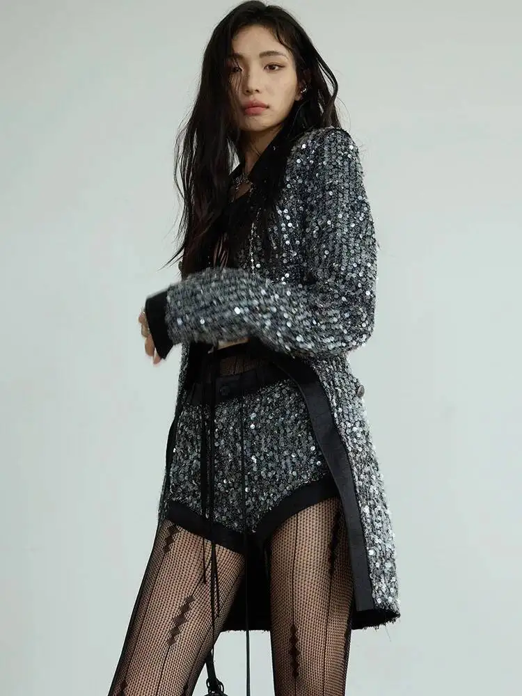 Gespleißt Pailletten Glänzende Blazer Zwei Stück Set Frauen V-ausschnitt Langarm Patchwork Spitze Up Top Hohe Taille Shorts Sets Weibliche Neue