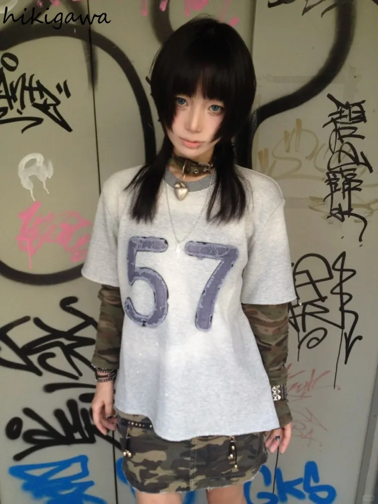 

Korean Chic Tshirts Women's Clothing O-neck Long Sleeve Loose Tees Fake Two Casual Camisetas Streetwear Letter T-shirt Y2k Tops