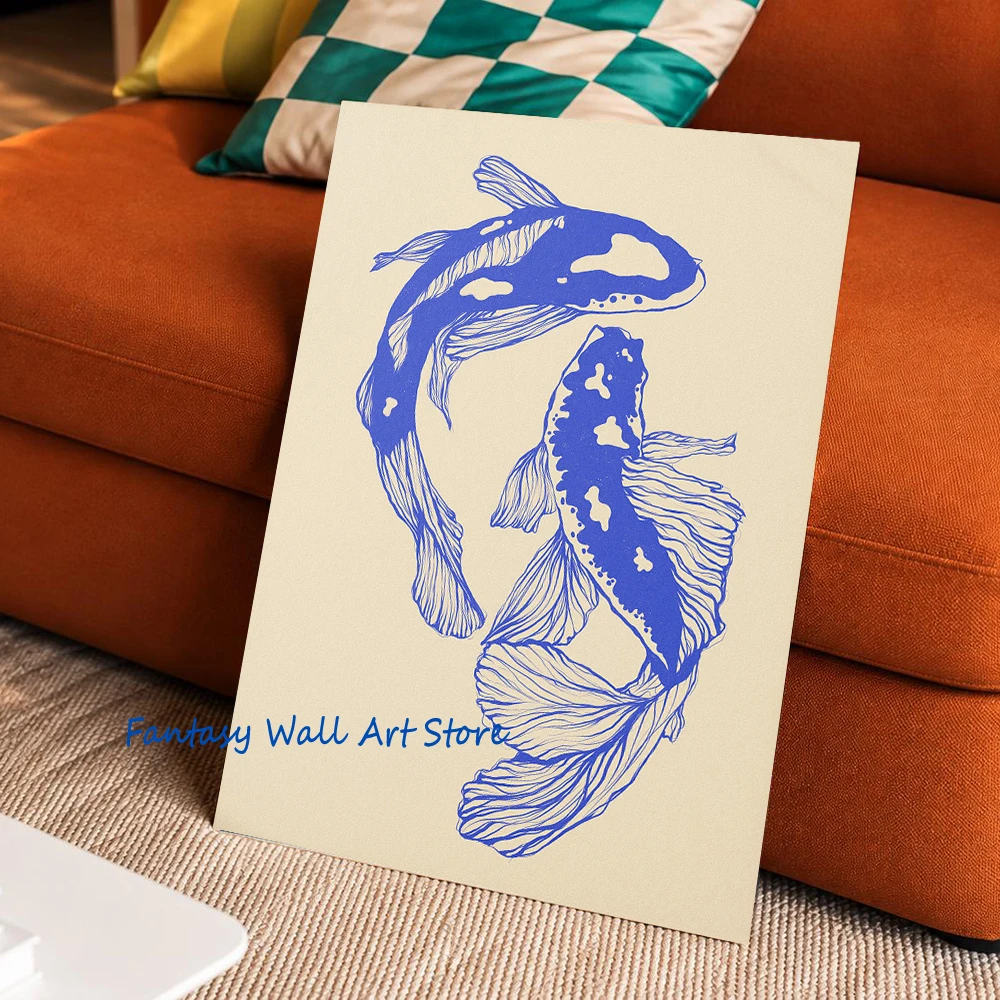 Red Blue Koi Fish Japanese Vintage Poster Print Trendy Wall Art Aesthetic Wall Decor Koi Fish Canvas Prints for Home Living Room