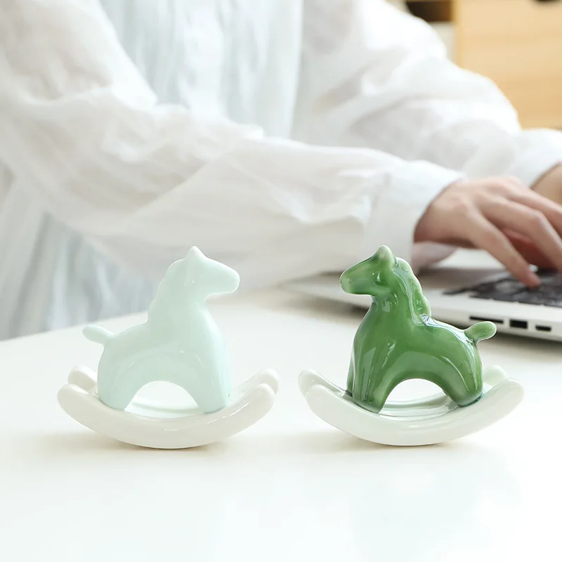 2024 New Creative Ceramic Rocking Horse Ornaments Desktop Foyer Tea Table Study Soft Decoration Green Horse Handicraft Gift