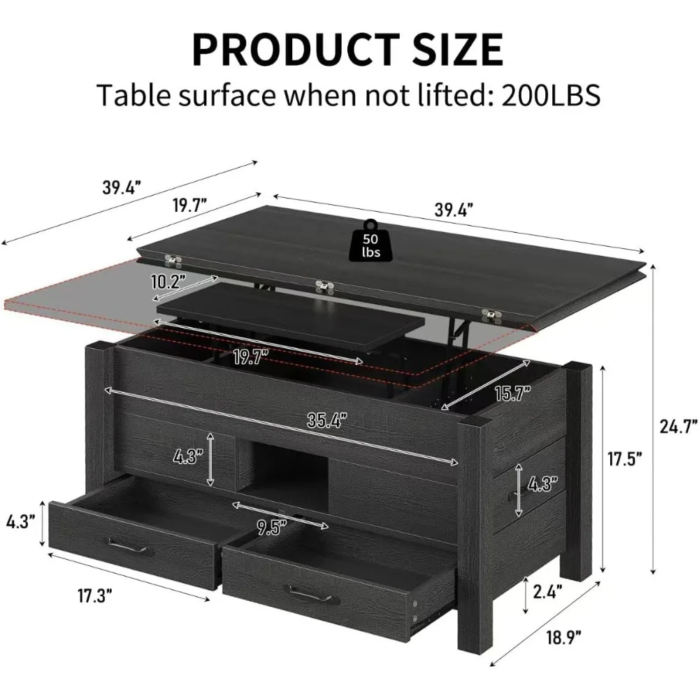 Multi-Function 39.4 Lift Top Coffee Table with 4 Storage Drawers, Hidden Compartment, Wood Center Tab, Versatile Space-Saving Fu