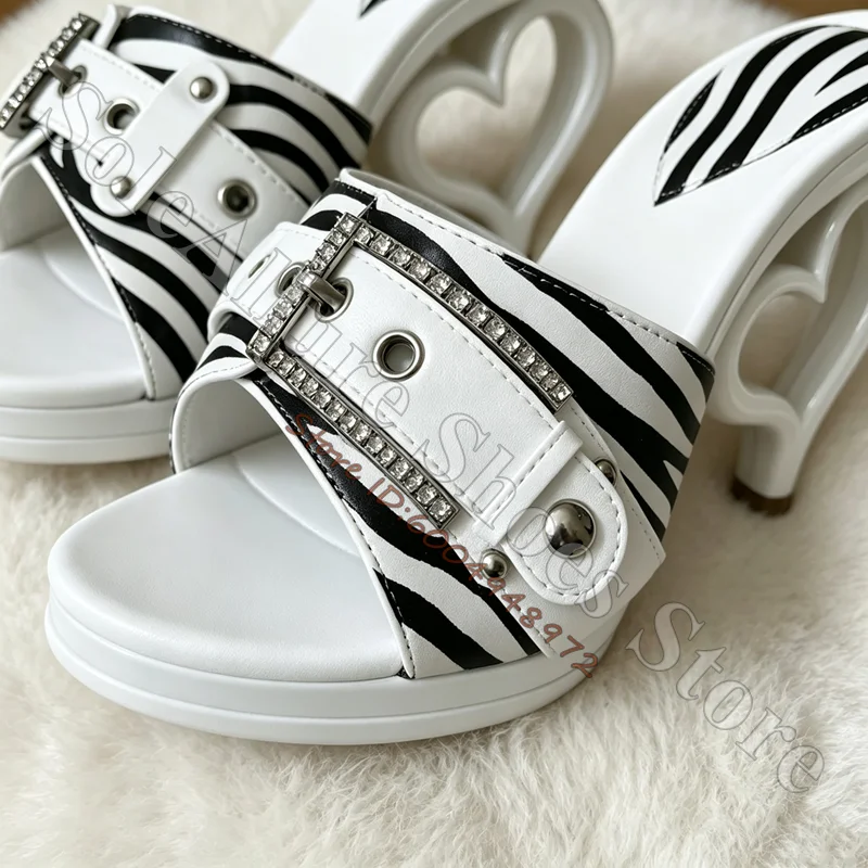 Retro Zebra Pattern Heart Shaped Hollow Heel Slide Sandals Women Open Toe Rhinestone Embellished Mules Slip‑on Novelty High Heel