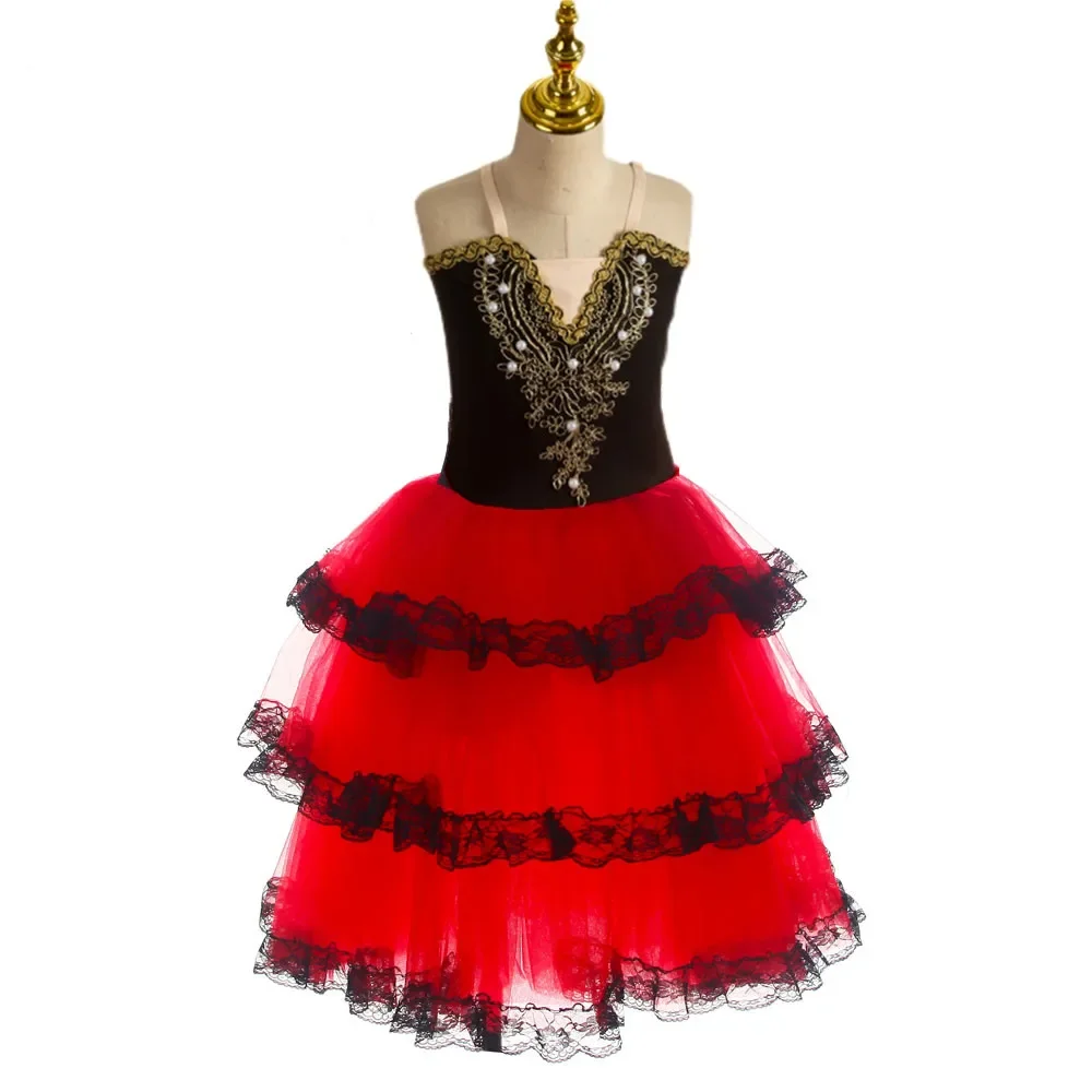 Romantic Ballet Tutu Skirt For Girls Kids Red Spanish Dress For Adult Women Soft Tulle Long Dress Performance Ballerina Costumes image 3