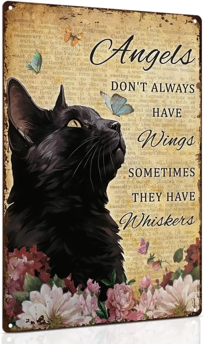 ALKB Black Cat Memorial Gifts Vintage Home Wall Decor 8x12 Inch - Angels Dont Always Have Wings Sometimes They Have Whiskers Met