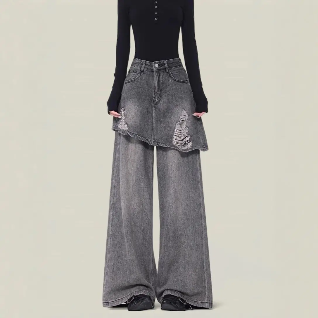 Trouser Skirt Integrated Fake Two-piece Jeans Women's 2026 Spring and Autumn New Retro Old High-waisted Thin Floor Pants