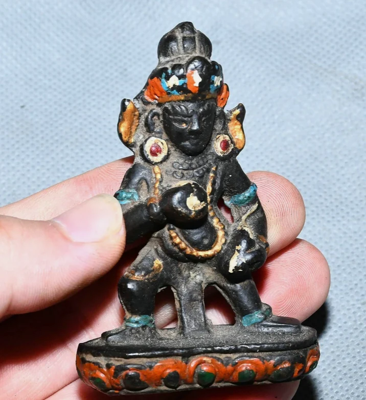 2.7'' Old Tibet Bronze Painting Buddhism Black Wealth Deity Buddha Statue